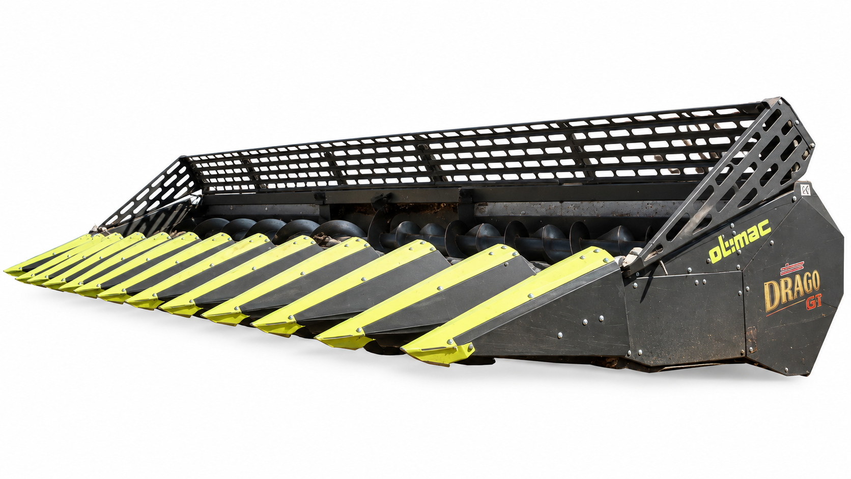 Olimac DRAGO GT corn header — AI-edited reference, combine and background removed