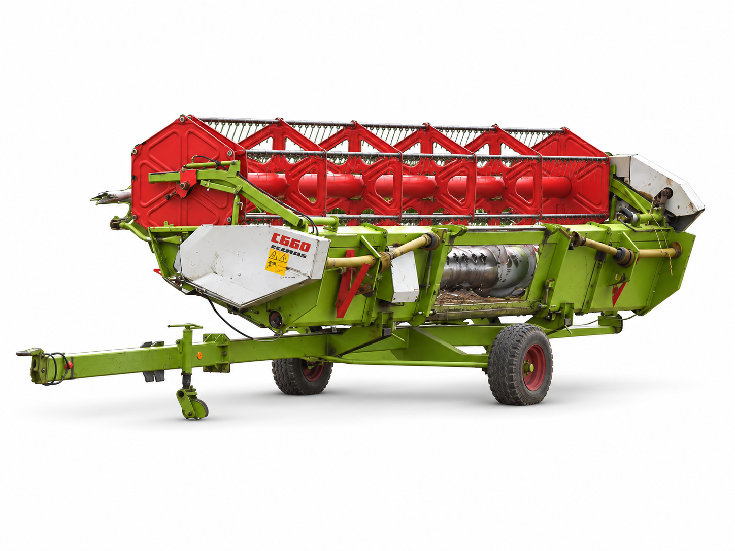 CLAAS C660 auger header on its transport trailer — AI-edited reference, background and adjacent trailer removed