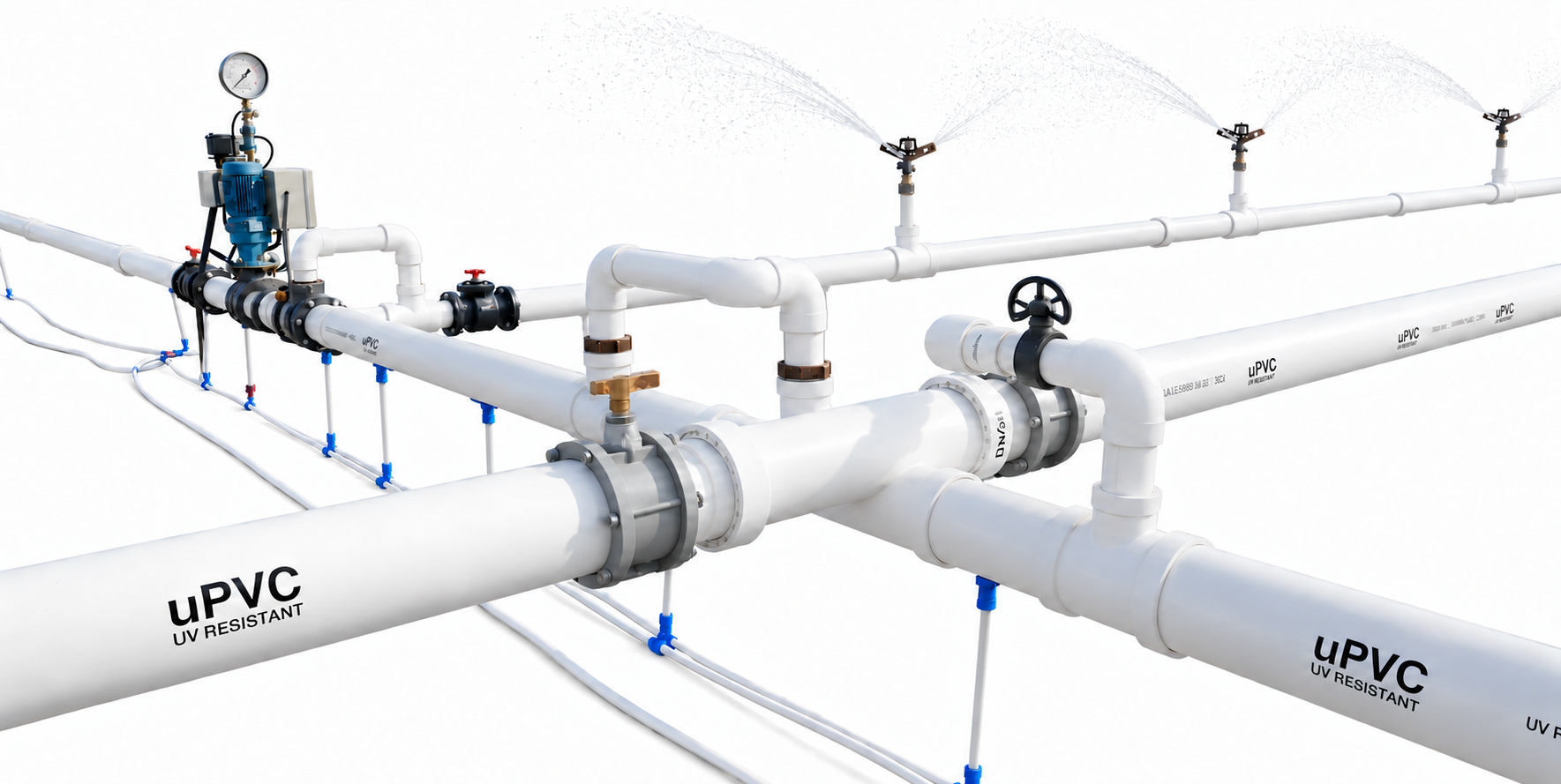 Irrigation pipe network with sprinklers and rear-pipe cleanup — edited supplied image