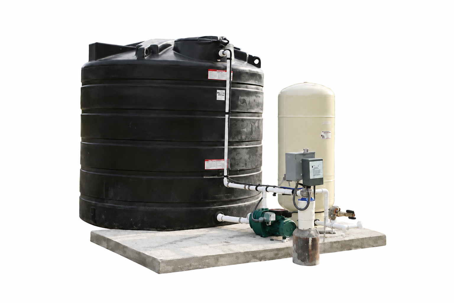 Water storage tank, pressure vessel and pump assembly — edited supplied photograph