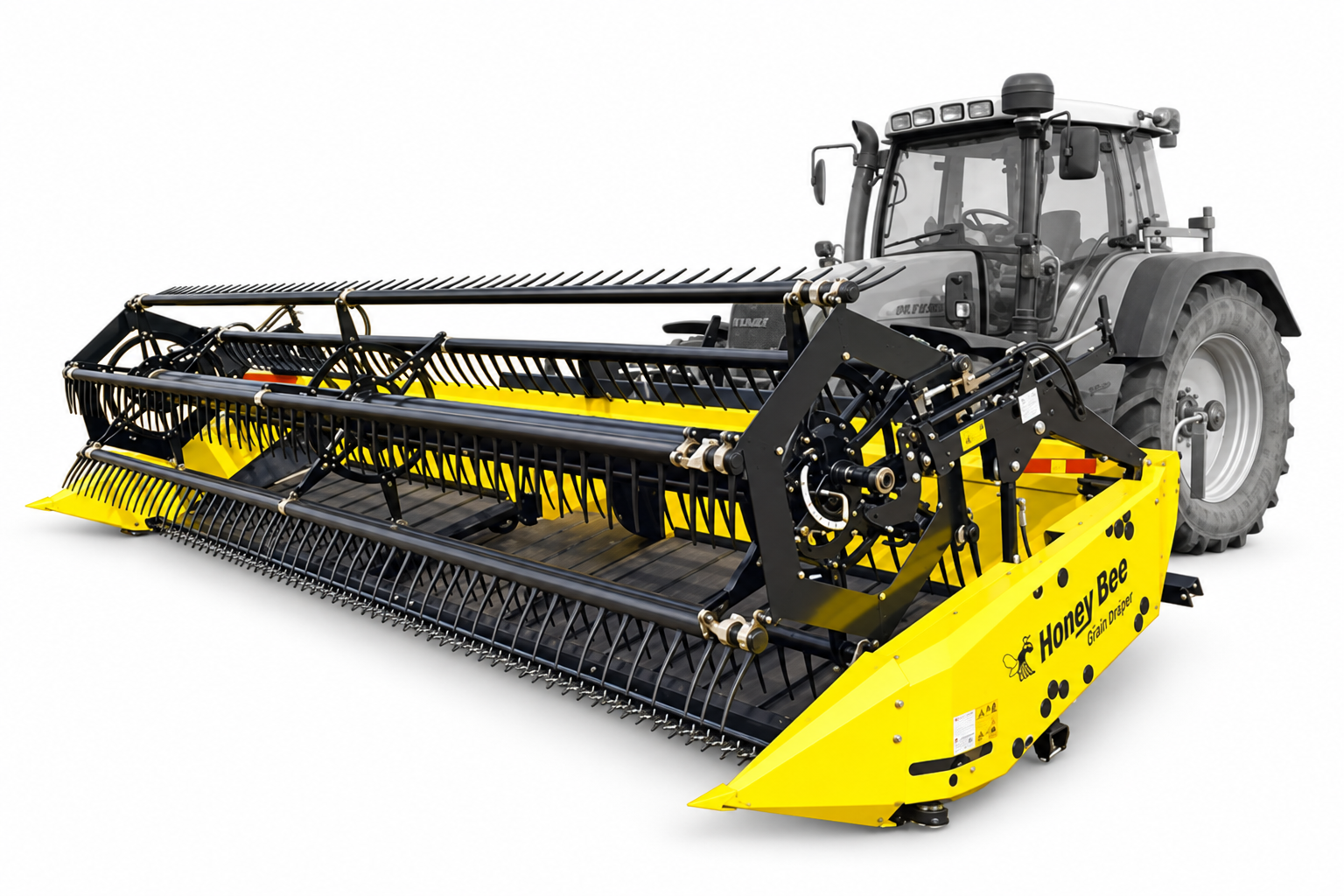 Mounted Honey Bee grain swather with a muted grey tractor — edited supplied photograph