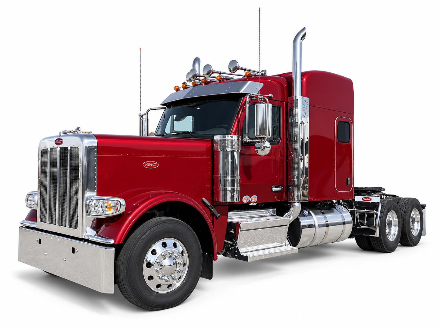 Red Peterbilt sleeper-cab semi truck — edited supplied photograph