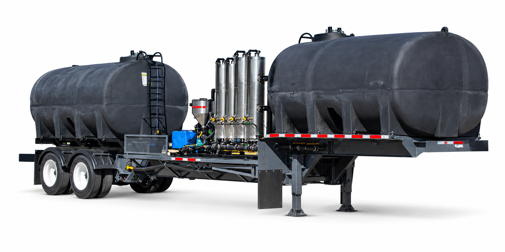 Two-tank sprayer tender trailer with mixing and transfer equipment