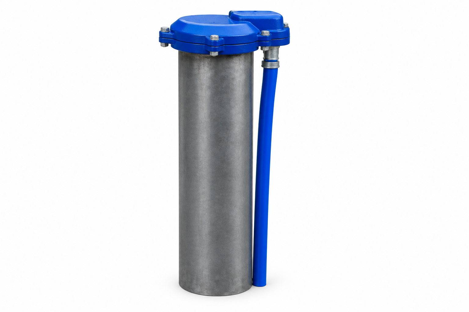Blue-capped wellhead — supplied photograph edited to remove rust and surrounding background