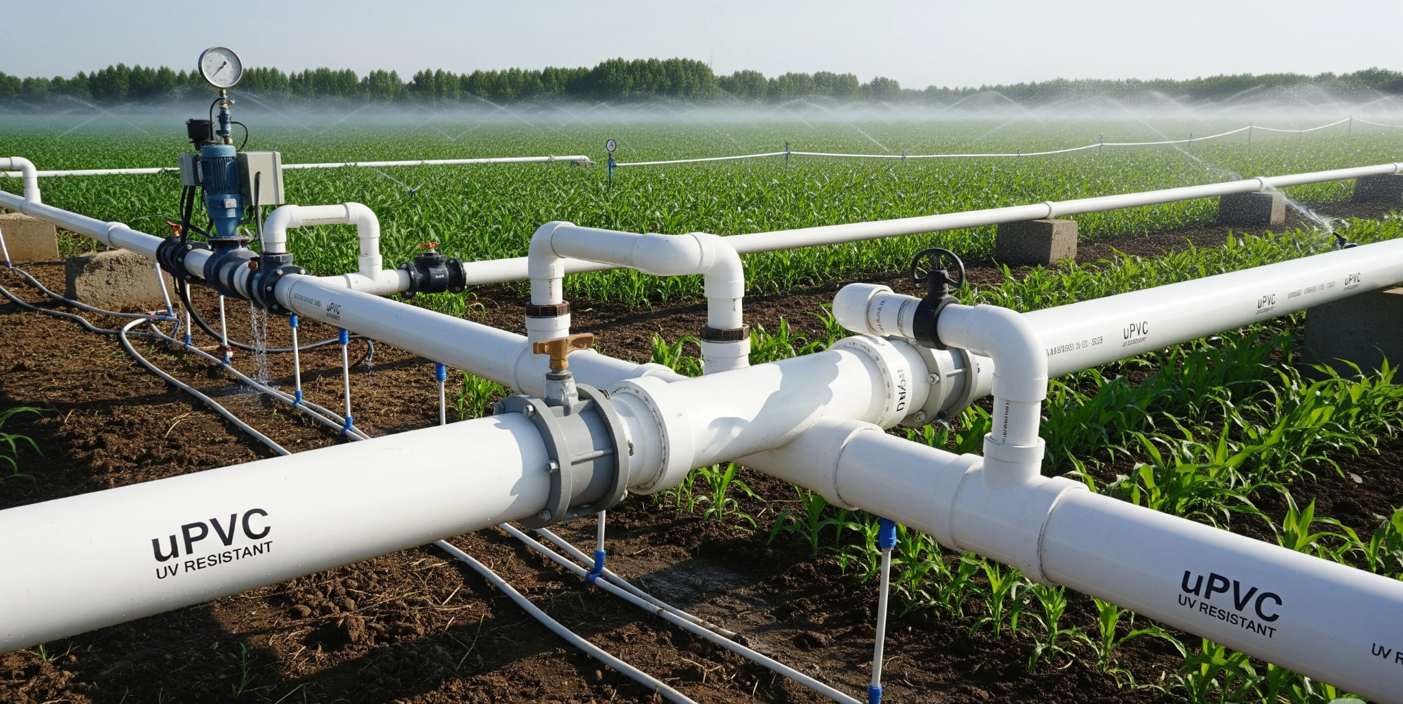 Connected PVC irrigation network supplying field sprinklers