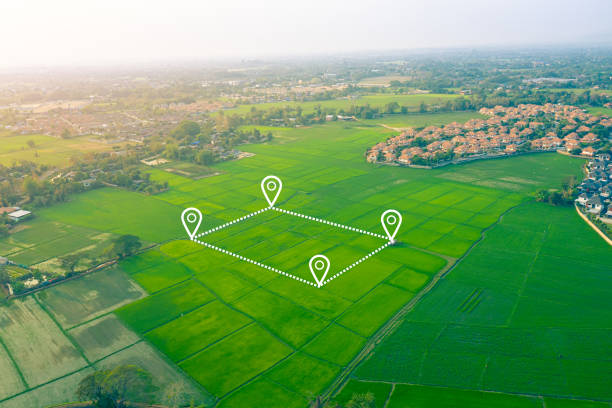 Aerial farmland with a marked parcel boundary